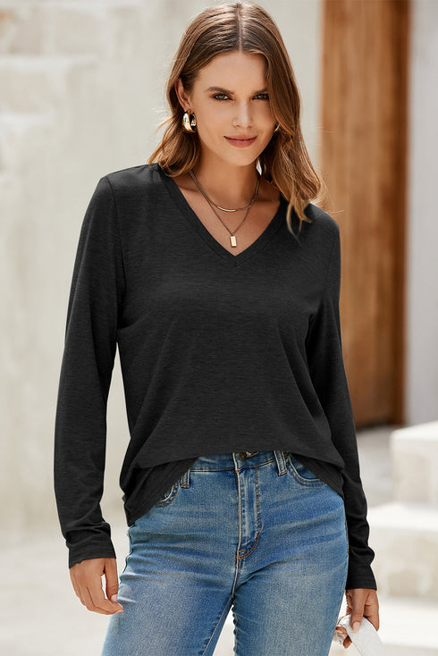 V-Neck Long Sleeve Relaxed Fit Pullover Top